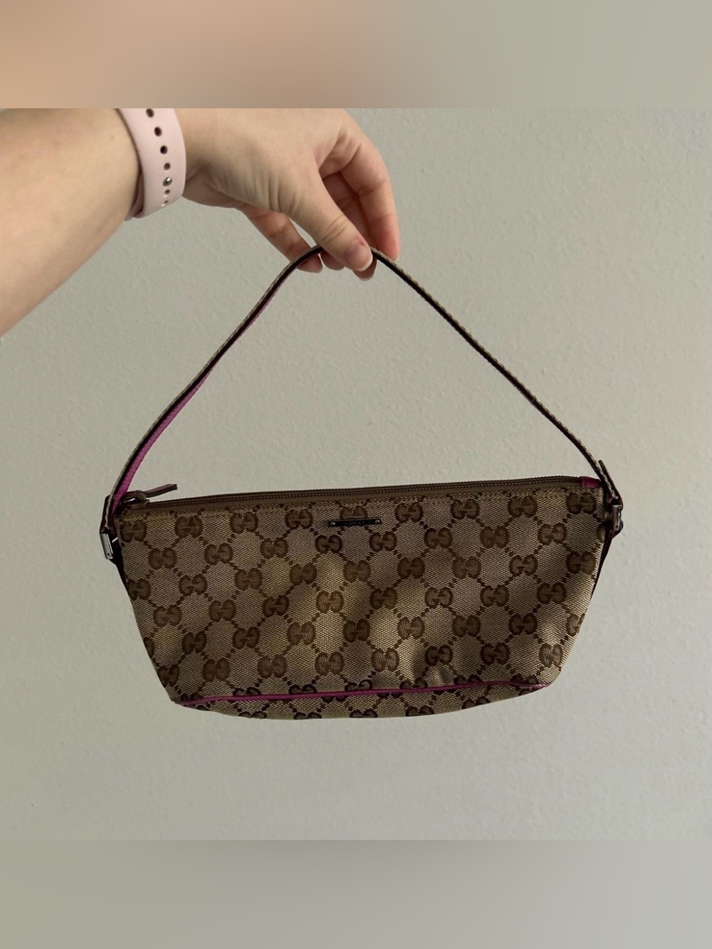 Vintage Gucci GG Canvas Leather Boat Bag Pochette in Beige and Pink